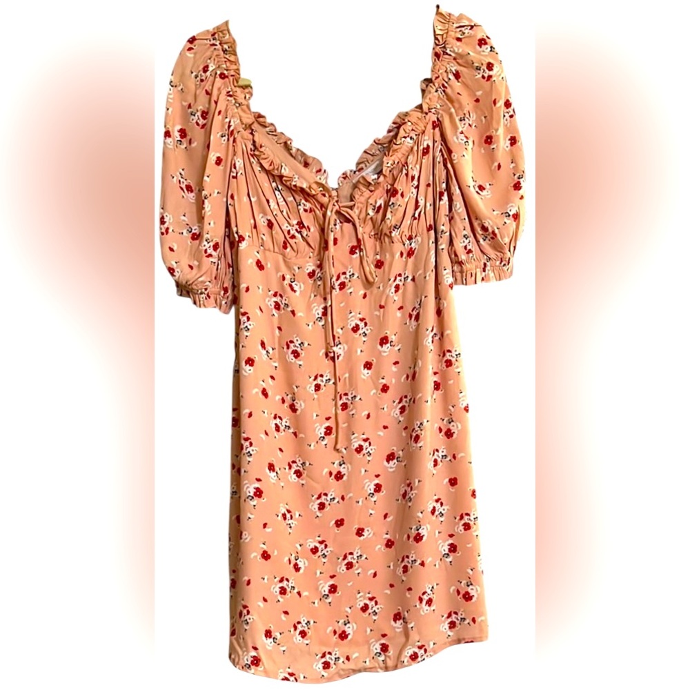 OLIVACEOUS Peach/Red/White Floral Peasant Style Lined Sundress, Sz Large, GUC.